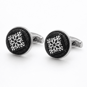 Pair of luxury black and silver floral pattern cufflinks for men's formal shirts.