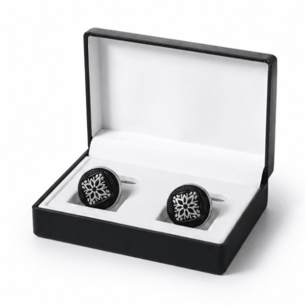 Luxury floral pattern cufflinks presented in premium gift box.