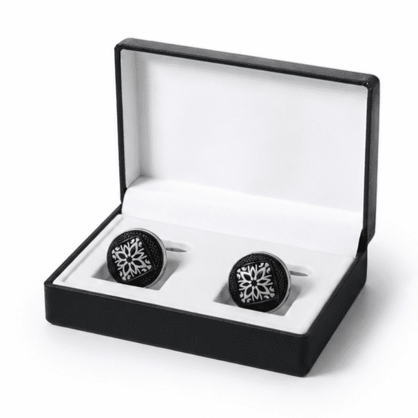 Luxury floral pattern cufflinks presented in premium gift box.