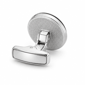 Rear view of black and silver stainless steel cufflinks with bullet back closure.