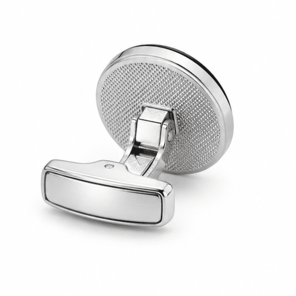 Rear view of black and silver stainless steel cufflinks with bullet back closure.