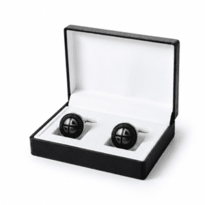 Black and silver round cufflinks presented in a premium gift box.