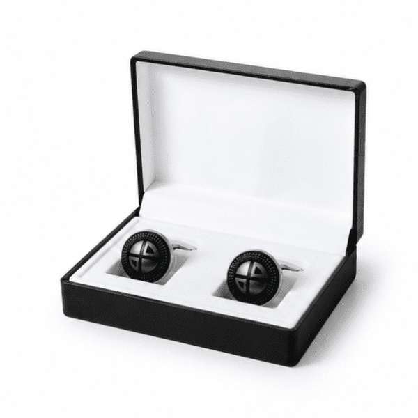 Black and silver round cufflinks presented in a premium gift box.
