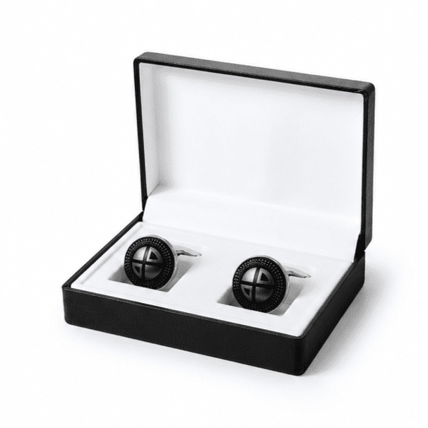 Black and silver round cufflinks presented in a premium gift box.