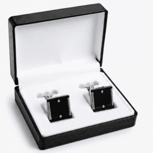 black cufflinks for men with square luxury designer silver edge design in premium giftbox
