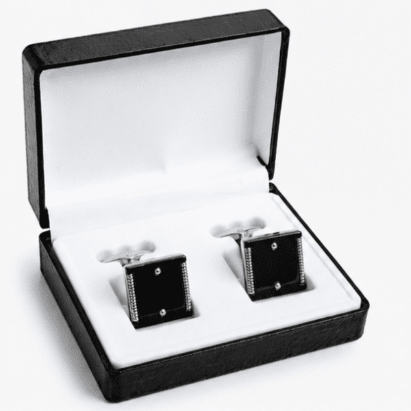 black cufflinks for men with square luxury designer silver edge design in premium giftbox