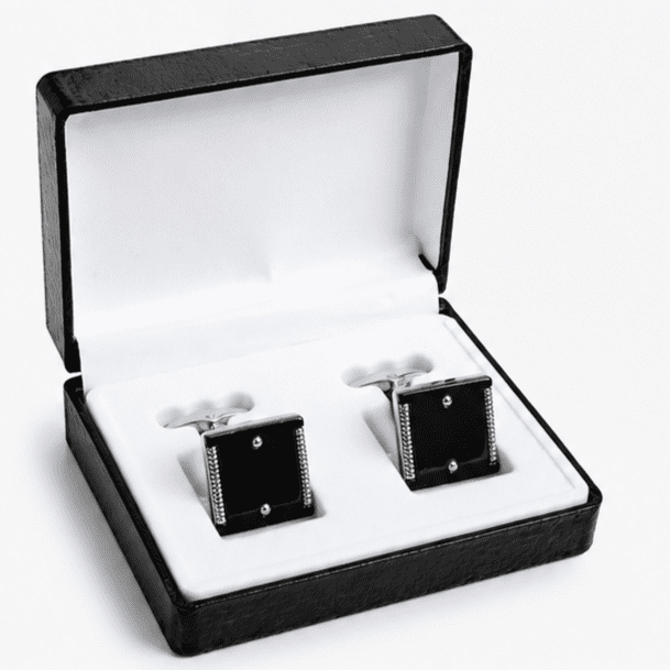 black cufflinks for men with square luxury designer silver edge design in premium giftbox