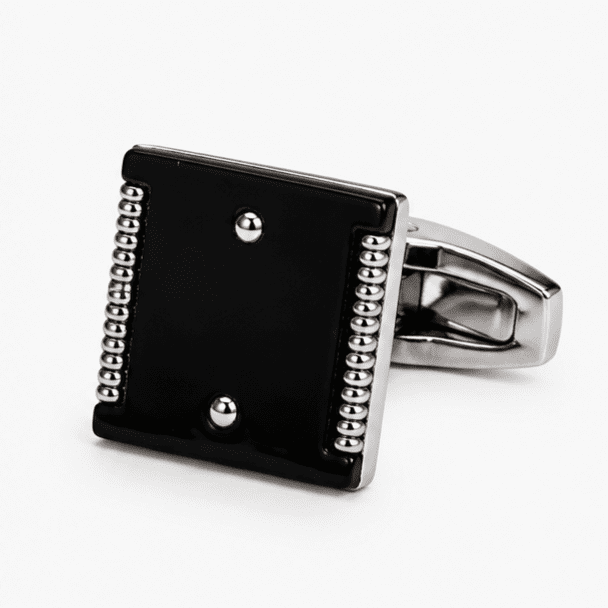 black cufflinks for men with square luxury designer silver edge design closeup