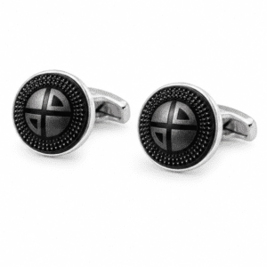 Luxury black and silver round cufflinks for men with textured design and polished stainless steel finish.