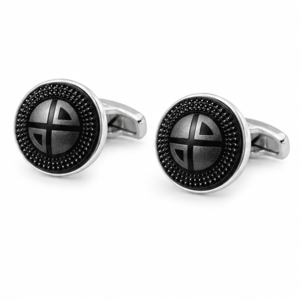 Luxury black and silver round cufflinks for men with textured design and polished stainless steel finish.