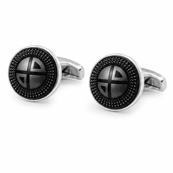 Luxury black and silver round cufflinks for men with textured design and polished stainless steel finish.