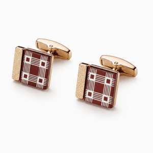 Luxury burgundy and gold square cufflinks for men featuring an elegant plaid pattern and polished stainless steel finish.