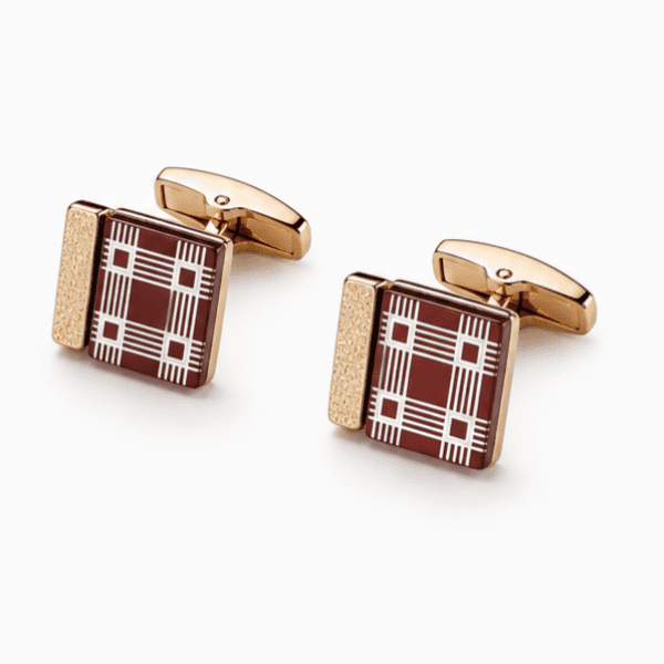 Luxury burgundy and gold square cufflinks for men featuring an elegant plaid pattern and polished stainless steel finish.