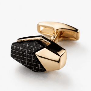 Close-up view of black gold designer cufflinks for men