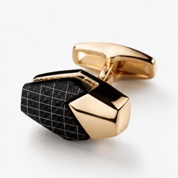 Close-up view of black gold designer cufflinks for men