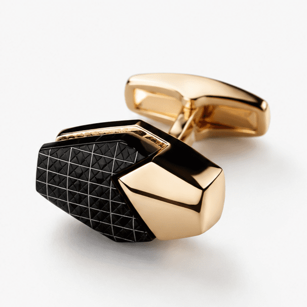 Close-up view of black gold designer cufflinks for men