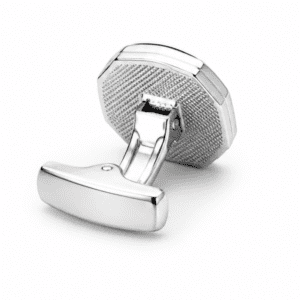 Luxury silver octagonal cufflinks with floral engraving and pink stone inspired accent for men
