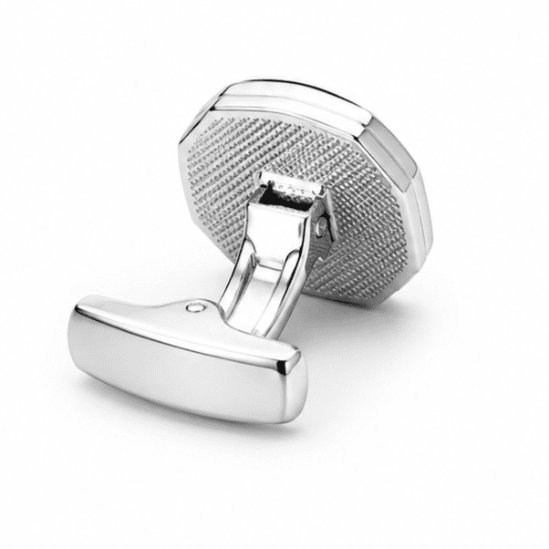 Luxury silver octagonal cufflinks with floral engraving and pink stone inspired accent for men