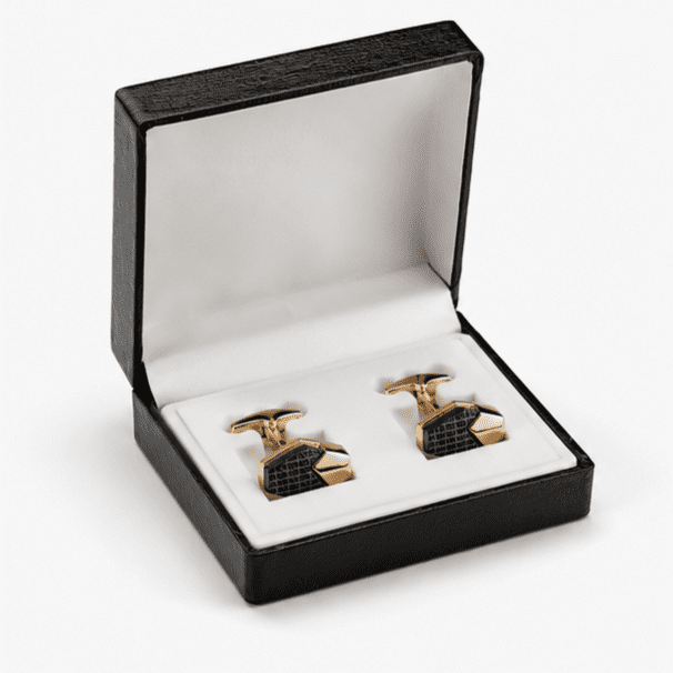 Luxury black gold cufflinks presented in premium gift box