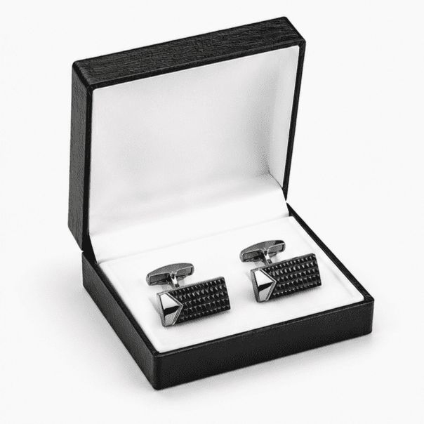 Black luxury cufflinks presented in premium gift box