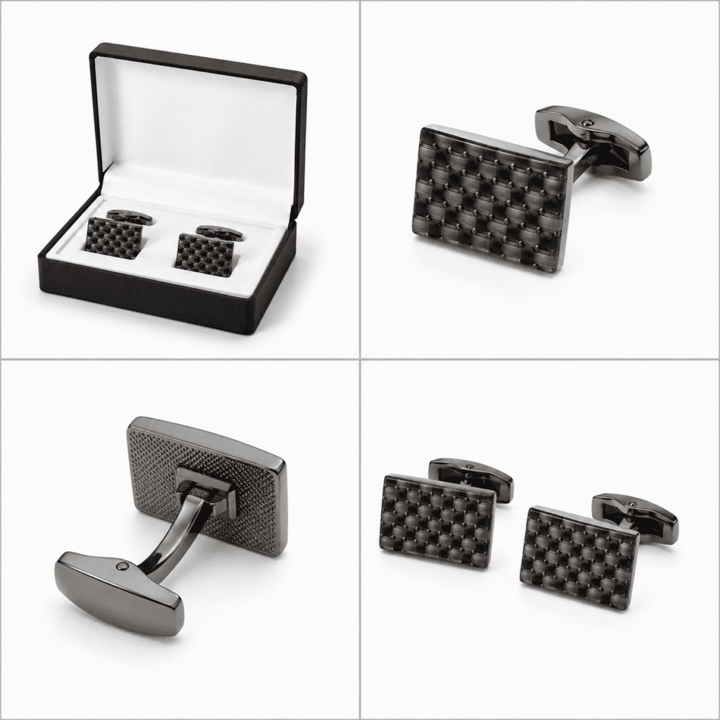 Pair of gunmetal black checkerboard cufflinks for men — wedding and business formal wear