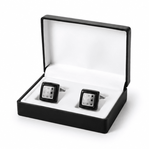 Luxury black square cufflinks for men with silver geometric design
