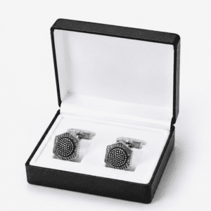Luxury silver black hexagon cufflinks displayed in premium gift box
