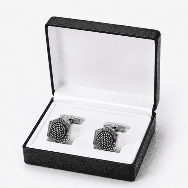 Luxury silver black hexagon cufflinks displayed in premium gift box