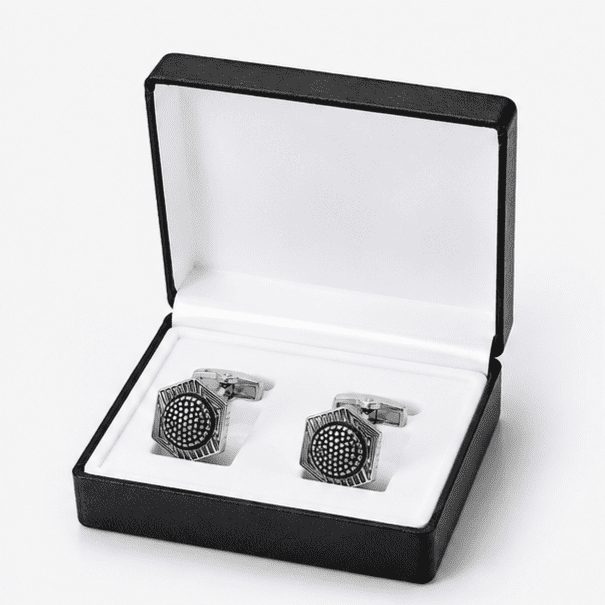 Luxury silver black hexagon cufflinks displayed in premium gift box
