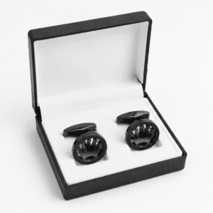 black cufflinks for men with gunmetal crown inspired designer design in gift box