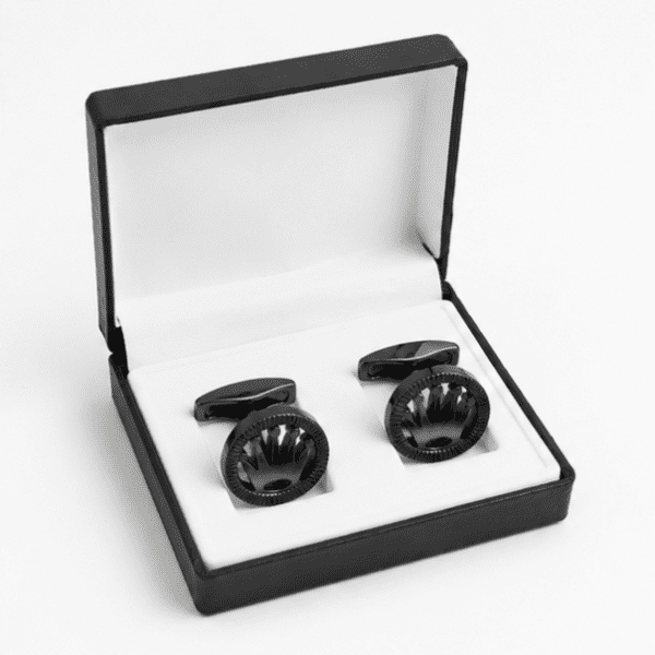 black cufflinks for men with gunmetal crown inspired designer design in gift box
