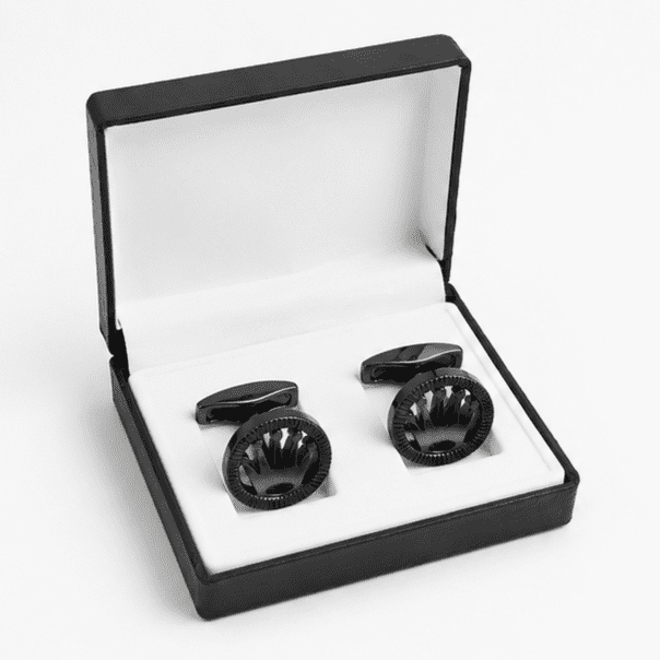 black cufflinks for men with gunmetal crown inspired designer design in gift box