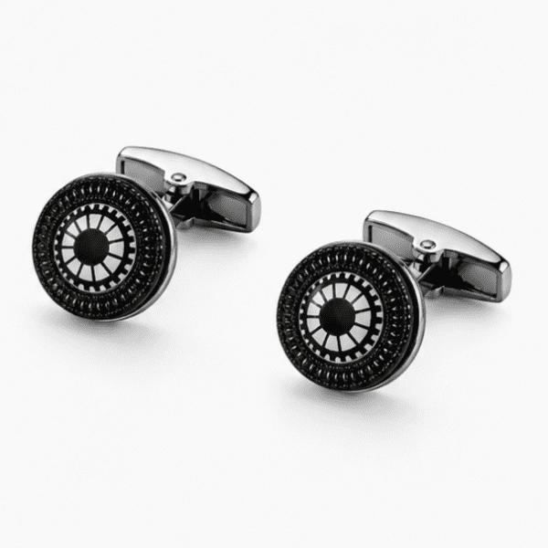 Pair of men's silver and black round gear wheel cufflinks displayed together on white background