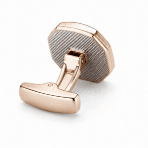 Side view of rose gold cufflinks showing toggle clasp and textured back plate