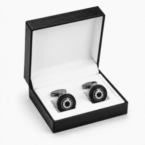 Men's silver and black round gear wheel cufflinks in luxury gift box