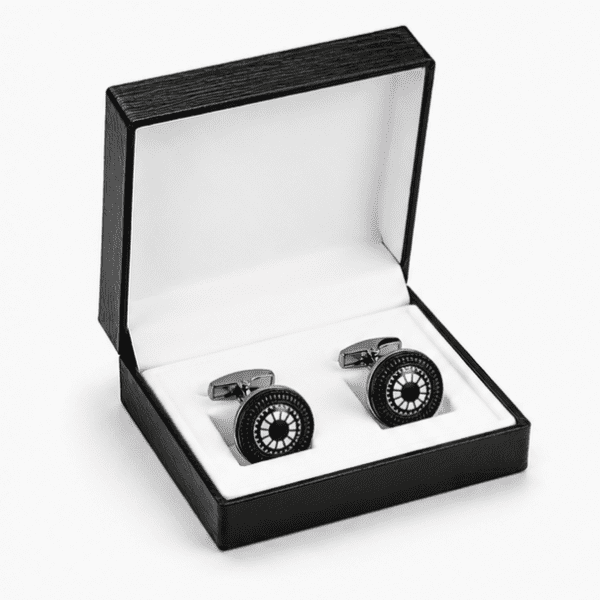 Men's silver and black round gear wheel cufflinks in luxury gift box