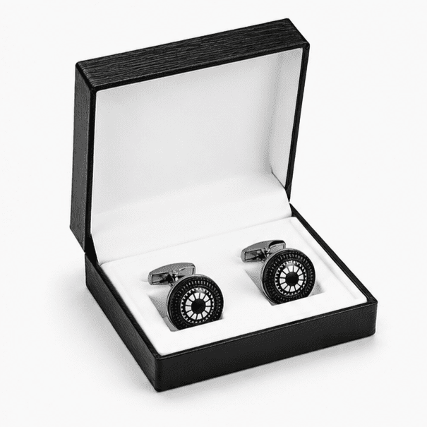 Men's silver and black round gear wheel cufflinks in luxury gift box