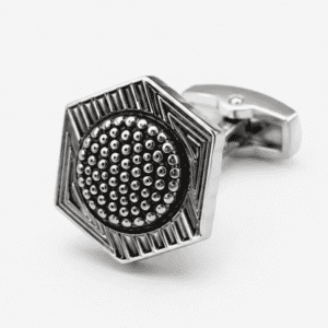 Luxury silver black hexagon cufflinks for men with geometric designer pattern