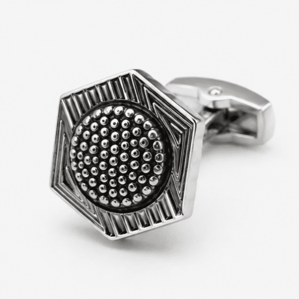 Luxury silver black hexagon cufflinks for men with geometric designer pattern