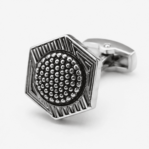 Luxury silver black hexagon cufflinks for men with geometric designer pattern