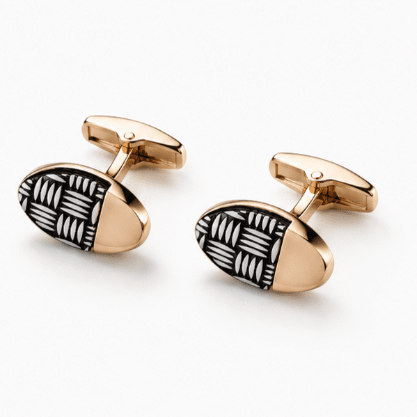 Pair of luxury rose gold and black oval cufflinks for men's formal shirts.