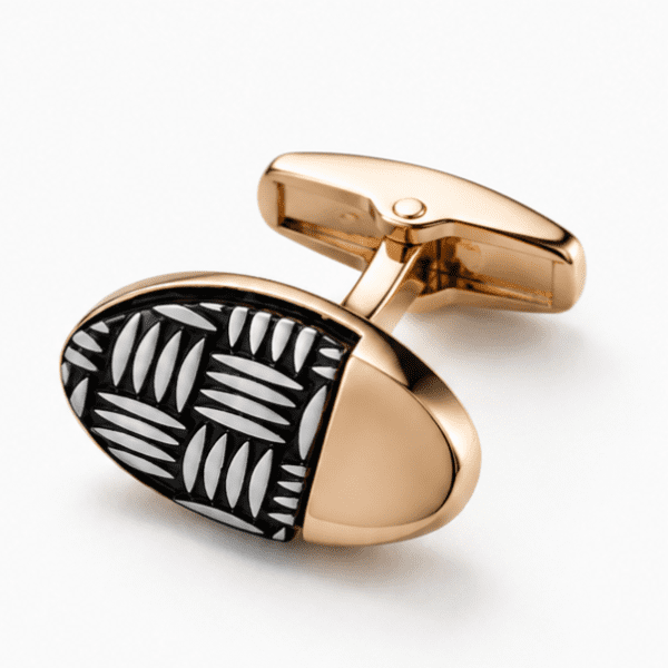 Close-up view of luxury rose gold and black geometric cufflinks for men.
