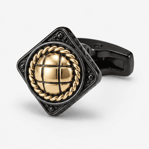 Close up view of black gold square designer cufflinks for men