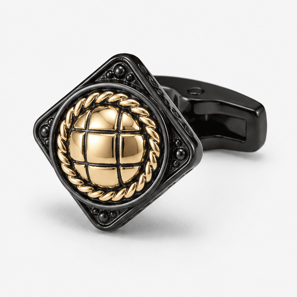Close up view of black gold square designer cufflinks for men
