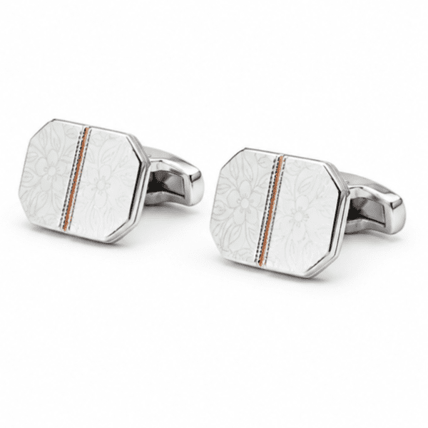 Luxury silver octagonal cufflinks with floral engraving and pink stone inspired accent for men