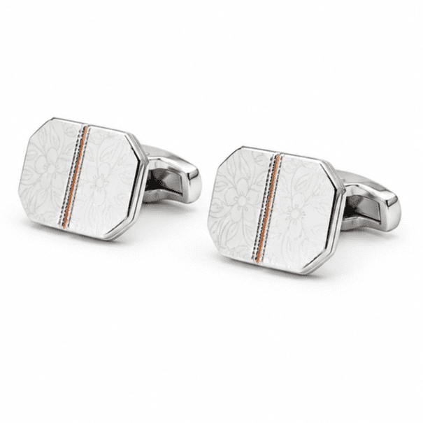 Luxury silver octagonal cufflinks with floral engraving and pink stone inspired accent for men