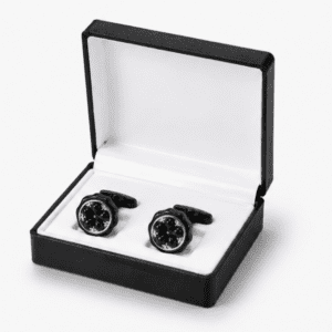 Luxury black round cufflinks displayed in premium gift box