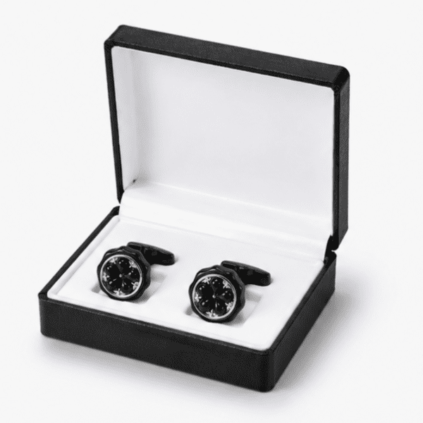 Luxury black round cufflinks displayed in premium gift box