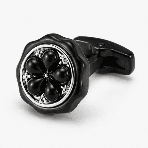 Close up view of black floral designer cufflinks for men