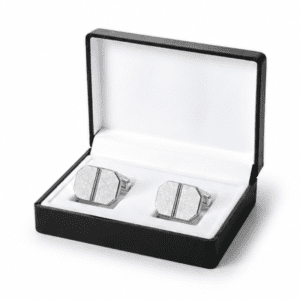 Luxury silver octagonal cufflinks with floral engraving and pink stone inspired accent for men